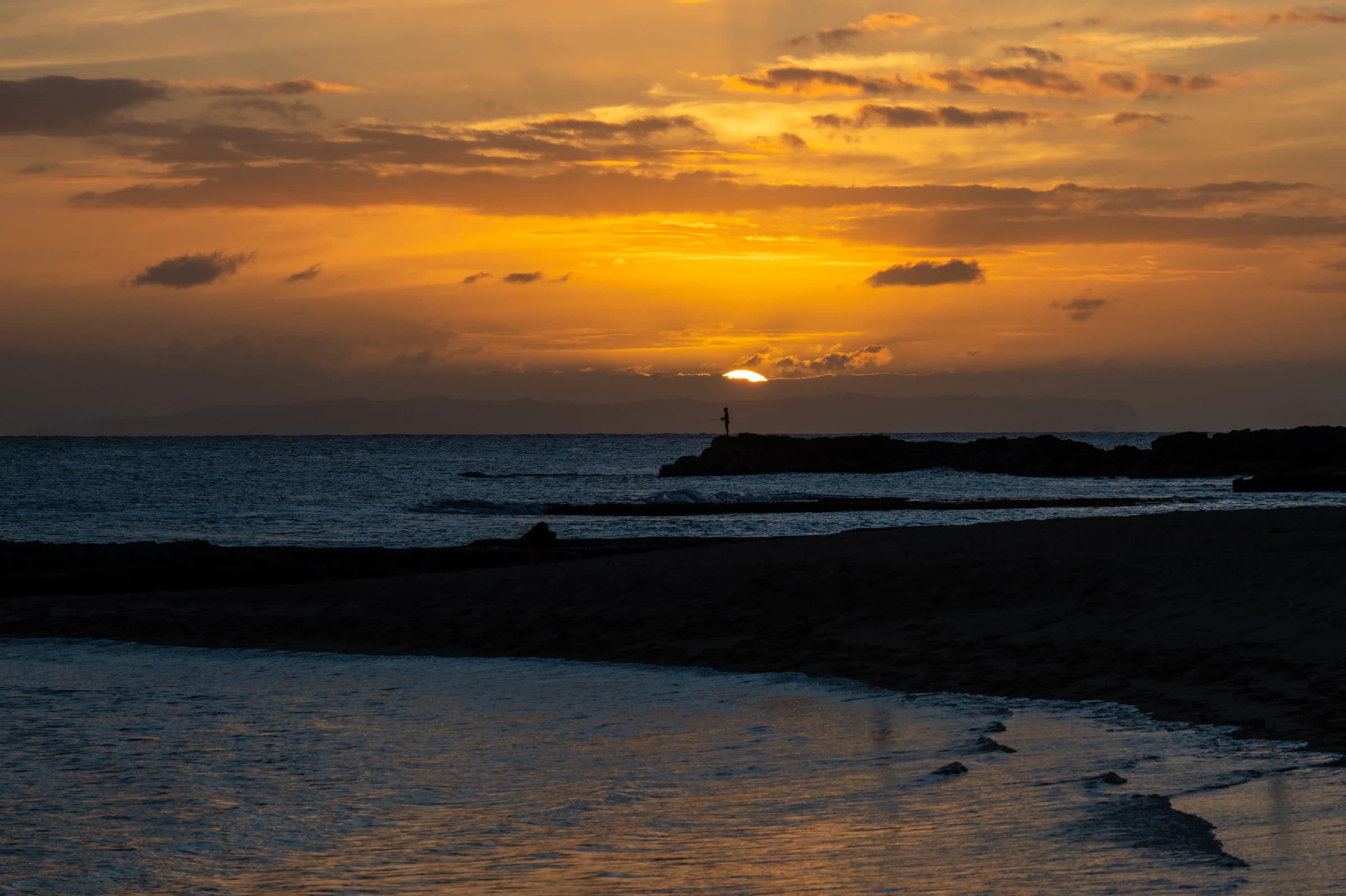 Ocean Sunset, Silhouette of Fisherman